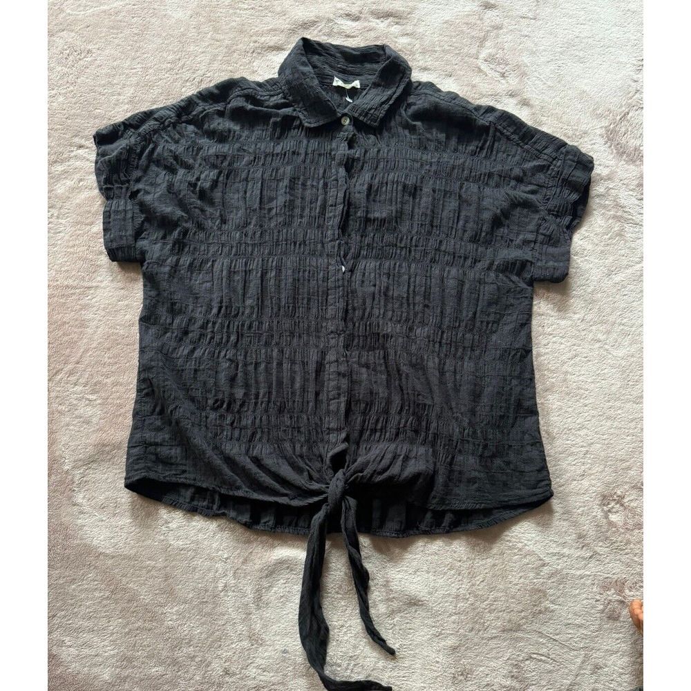Dylan Women's Gauze short Sleeve Button-Up Top Black Size Small‎